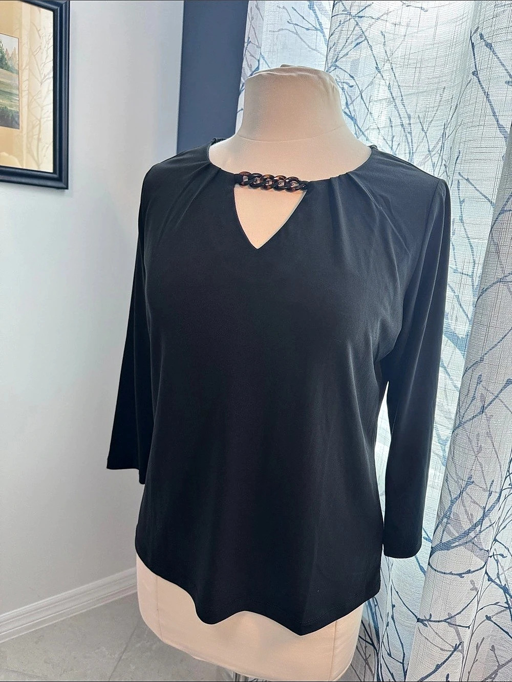 Tahari Long Sleeve Embellished Neckline Blouse in Black Size Medium